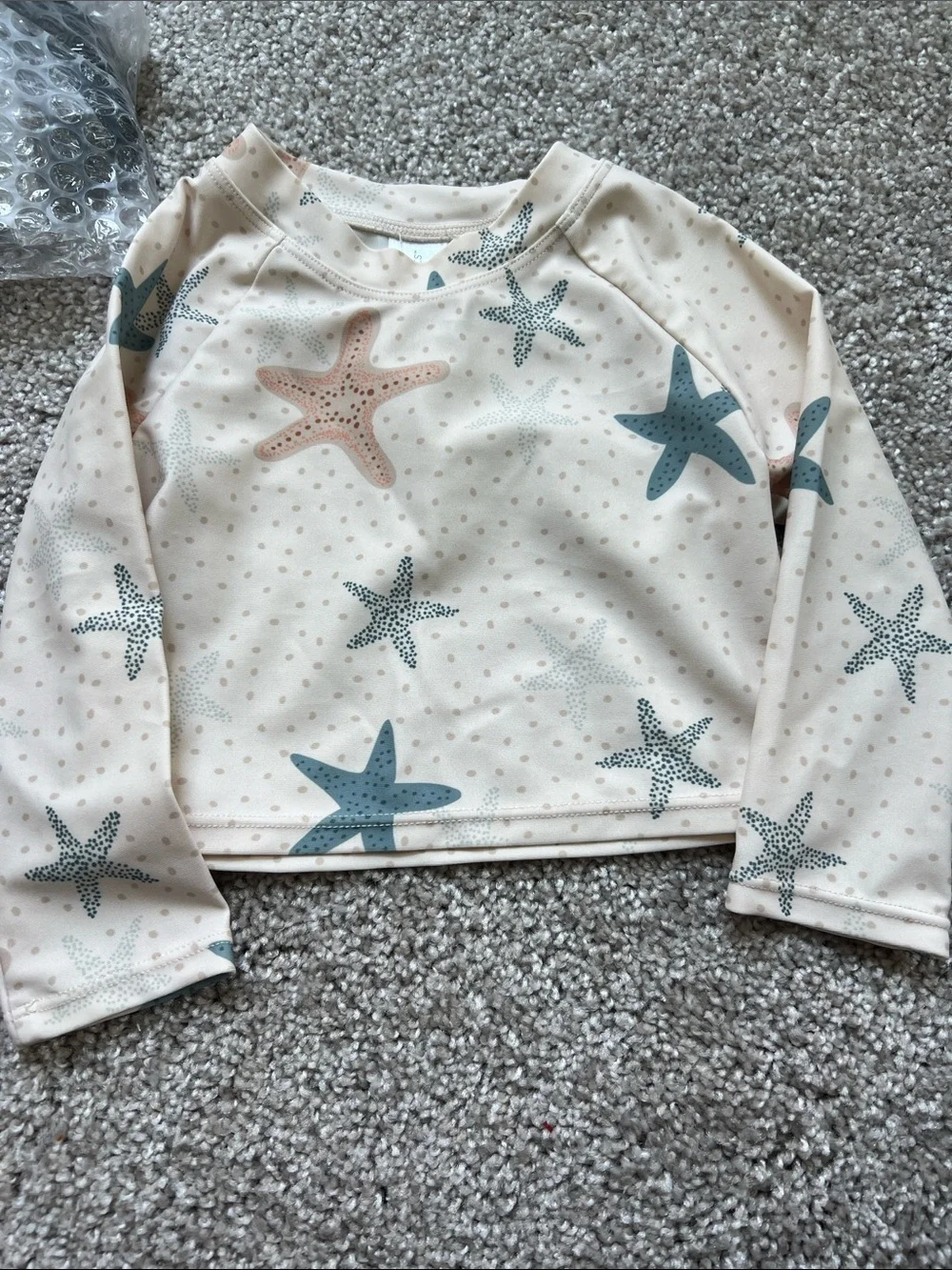 Cream Starfish Rashguard Set for Kids - Long Sleeve Swim Top & Ruffle Bottoms